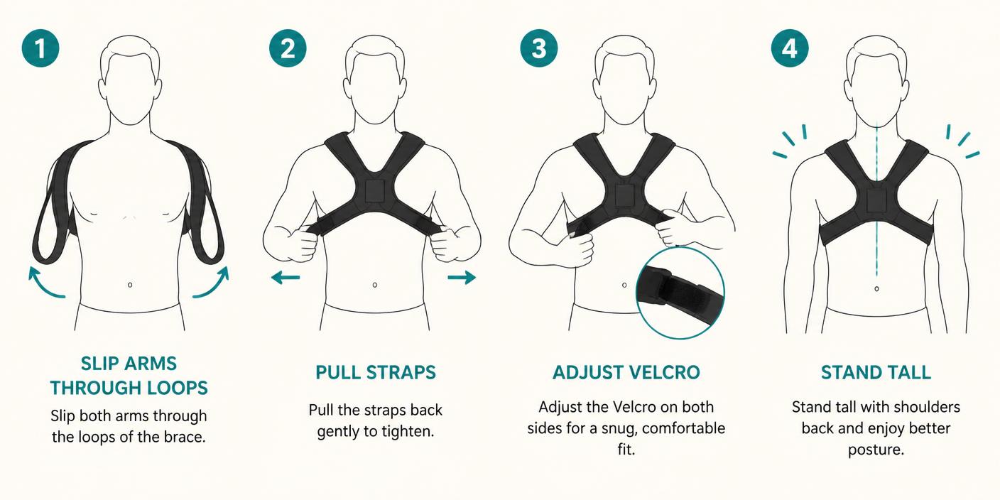 Four-step diagram showing how to put on and adjust the figure-8 posture brace