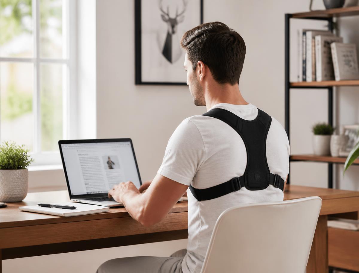 Person sitting upright at a desk wearing the slim black posture brace over a t-shirt