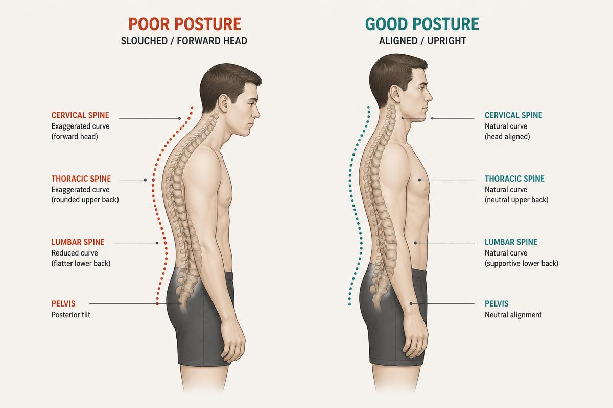 Diagram comparing a slouched forward-head posture against an aligned upright spine